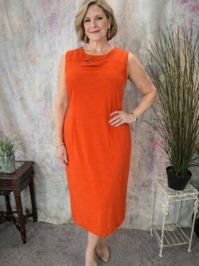 NEW 📌Kasper Timeless Elegance Modern Flair Vibrant Orange Textured Midi Dress